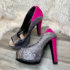 Silver & Pink Glitter Michael Antonio Peep Toe High Heels Platform Party Pumps